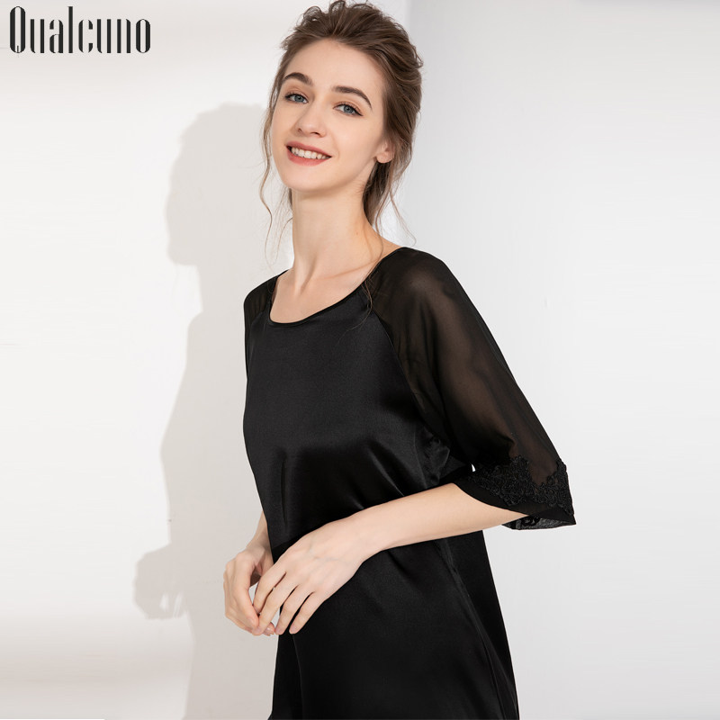 qualcuno夏季中袖桑蚕丝纯色睡裙 qualcuno睡裙
