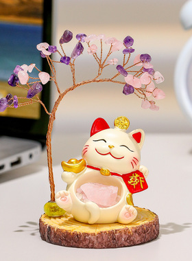 新款招财猫天然水晶发财树家居客厅摆件可爱小猫办公室桌面装饰品