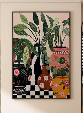 中古风植物花瓶装饰画复古艺术小众高级感轻奢卧室客厅玄关摆挂画