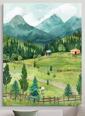 远山草原森林装饰画绿色仿油画风景绿色唯美高级感卧室客厅摆挂画