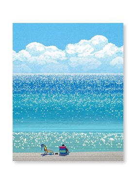 蓝色海洋装饰画成品仿油画风景小清新治愈唯美简约卧室客厅摆挂画