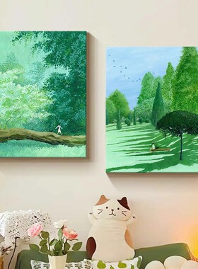 ins风绿色清新装饰画成品仿油画风景唯美治愈小众卧室客厅摆挂画