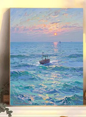 海边沙滩装饰画风景唯美治愈大海日出日落仿油画成品卧室客厅挂画
