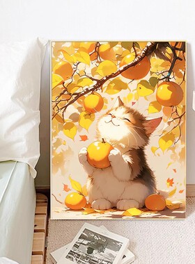 事事如意猫咪装饰画成品仿油画水彩可爱卡通温馨治愈卧室客厅挂画