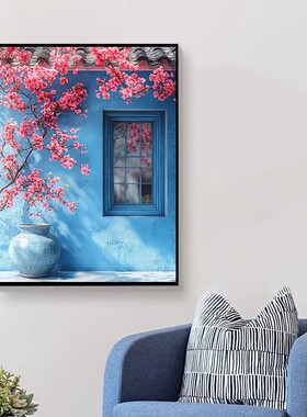 蓝色春天装饰画成品仿油画风景小清新花卉唯美高级卧室客厅摆挂画