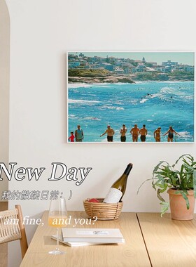 蓝色海洋装饰画日落余晖自然风景高级感简约卧室客厅餐厅玄关挂画