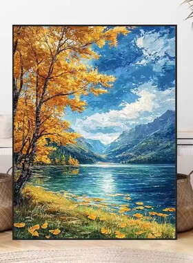 湖光秋色装饰画成品仿油画风景唯美治愈温馨高级感卧室客厅摆挂画
