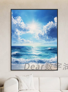 蓝色大海装饰画仿油画风景小众高级感艺术清新唯美卧室客厅摆挂画