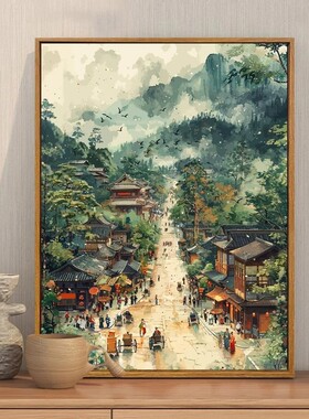 中国风清明上河装饰画仿油画风景成品唯美高级感艺术卧室客厅挂画