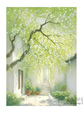 国风杨柳小院装饰画仿油画风景成品清新唯美治愈系卧室客厅摆挂画