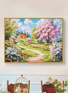 碧水山居横版装饰画成品仿油画风景唯美高级感小众卧室客厅摆挂画