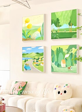 多巴胺小清新方形装饰画卡通简约绿色唯美治愈氛围卧室客厅摆挂画