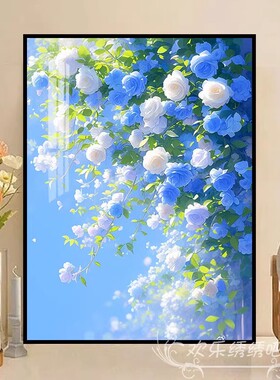 蓝色妖姬玫瑰花卉装饰画成品仿油画风景唯美高级感卧室客厅摆挂画