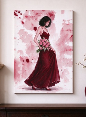 泼墨绯红色玫瑰女神装饰画仿油画优雅慵懒红裙女郎卧室客厅摆挂画