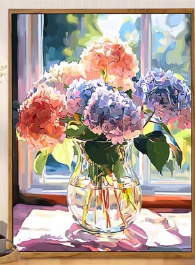 窗台花瓶成品装饰画仿油画风景唯美治愈高级感花卉卧室客厅摆挂画
