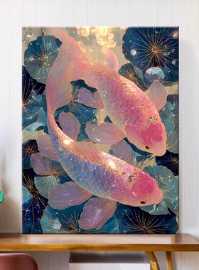 好运锦鲤装饰画仿油画小众艺术中式寓意唯美高级感卧室客厅摆挂画