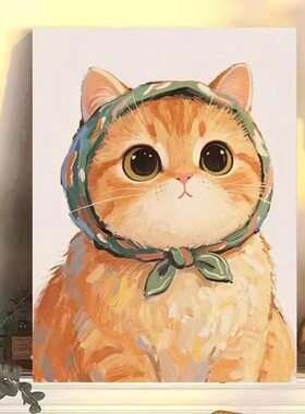 头巾小猫咪装饰画成品仿油画可爱写实现代简约温馨卧室客厅摆挂画