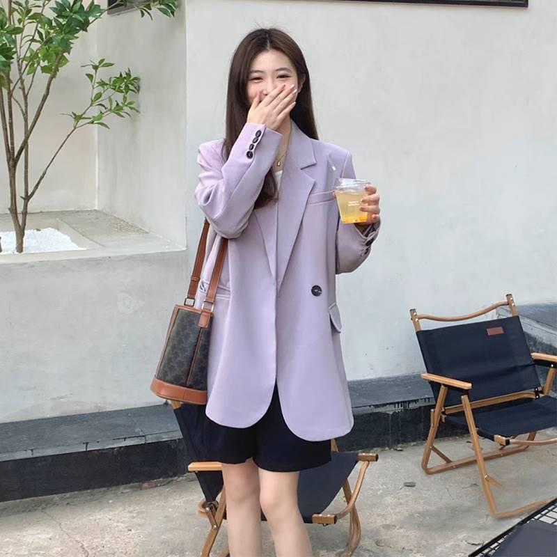 高级感紫色西装外套女ins潮春秋新款韩版小个子宽松休闲西服-图3
