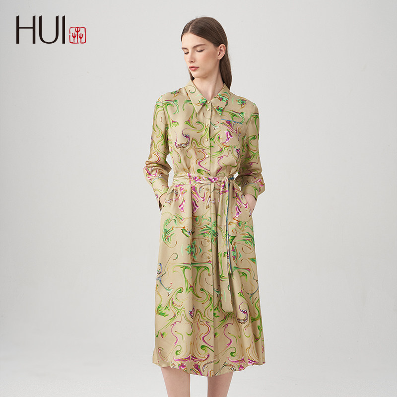 HUI卉桑蚕丝真丝新中式莫比乌斯幻影缎面印花衬衫国风连衣裙碎花,淘宝优惠券,粉丝福利购,淘宝优惠卷