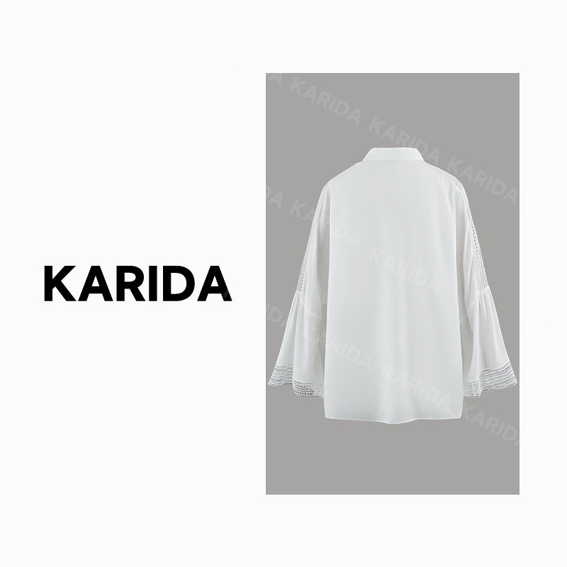 珂芮达【流羽】秋装新款镂空蕾丝拼贴宽松喇叭袖白衬衫衬衣女,淘宝优惠券,粉丝福利购,淘宝优惠卷