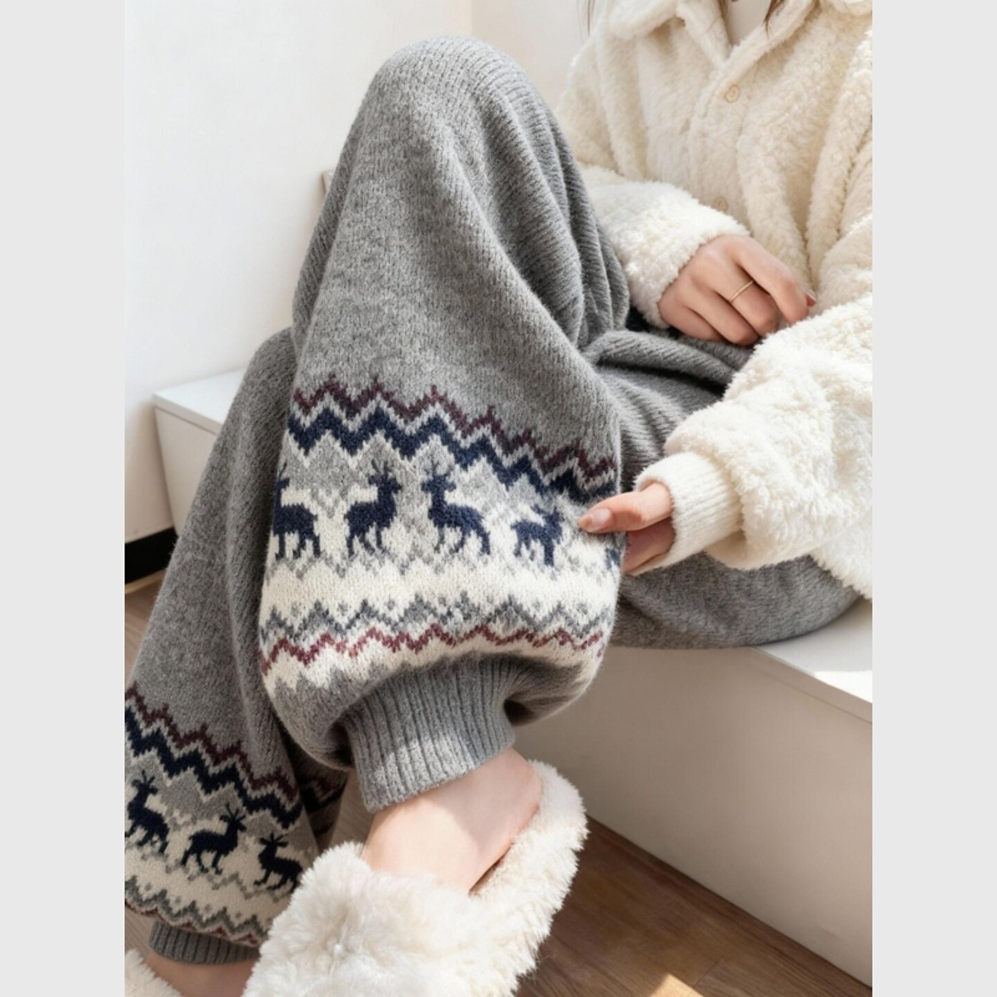 欧货重工灰色费尔岛提花垂感针织裤秋冬裤子加厚保暖束脚裤休闲裤,淘宝优惠券,粉丝福利购,淘宝优惠卷