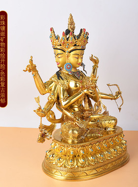 尼泊尔工艺精工黄铜尊胜佛母佛像三头六臂长寿三尊菩萨供奉摆件