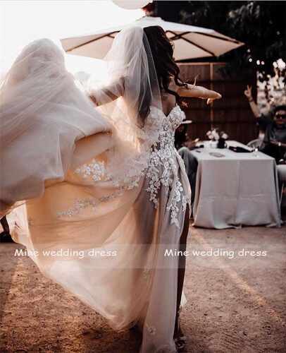 Sheer Lace D Flowers Applique Wedding Dresses Strapless Spl - 图2