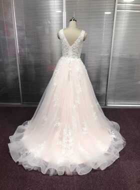 Pink Wedding Dress 2021 V Neck Bridal Gowns Backless Sleevel