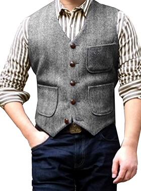 Men's Suit Formal V Neck Wool Herringbone Tweed Casual Waist