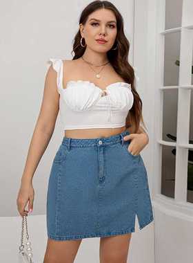 L-5xl Women's Blue Butt Wrap Skirt大码胖MM蓝色包臀短裙200斤