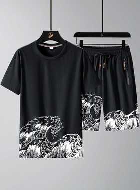 Plus Size Men's Summer 2 Piece Sets T-irts+orts Wave Pat