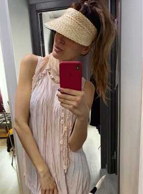 Women Handmade raffia straw hat Sun visor hat Sunscreen Lady