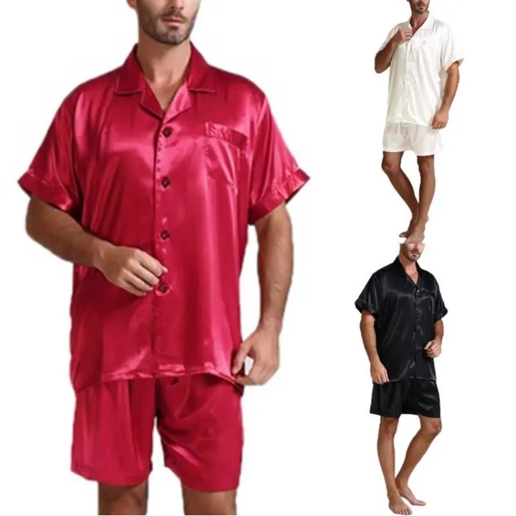 Men Fahion Summer 2Pcs Pajamas Suits Sets Satin Silk Short S - 图1