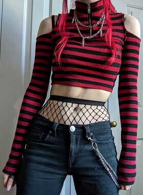 Goth Dark Grunge Striped Mall Gothic Basic T-shirts Punk E-g
