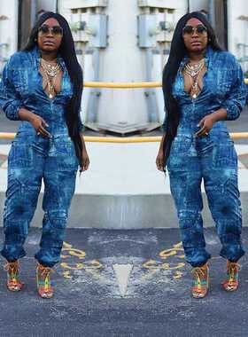 S-xxxl denim printed jumpsuit for ladies大码女士牛仔连体裤