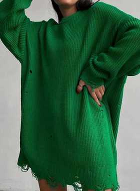 2021 Y2K Women's Oversized Sweater Knitted Green O Neck