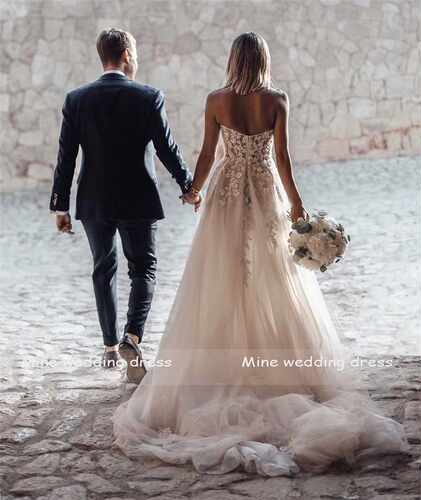 Sheer Lace D Flowers Applique Wedding Dresses Strapless Spl - 图3