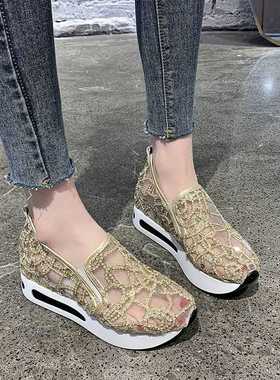 Female Wedge Shoes Sequin Mesh Breathable Shoes Women Gold S