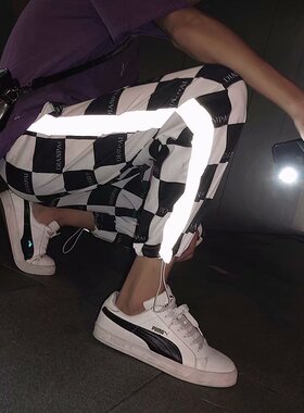 Summer Hip Hop Casual Men's Pants Black and White Plaid