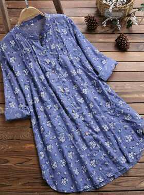 Plus Size Floral Print Blouse Women Summer V Neck Beach Dres