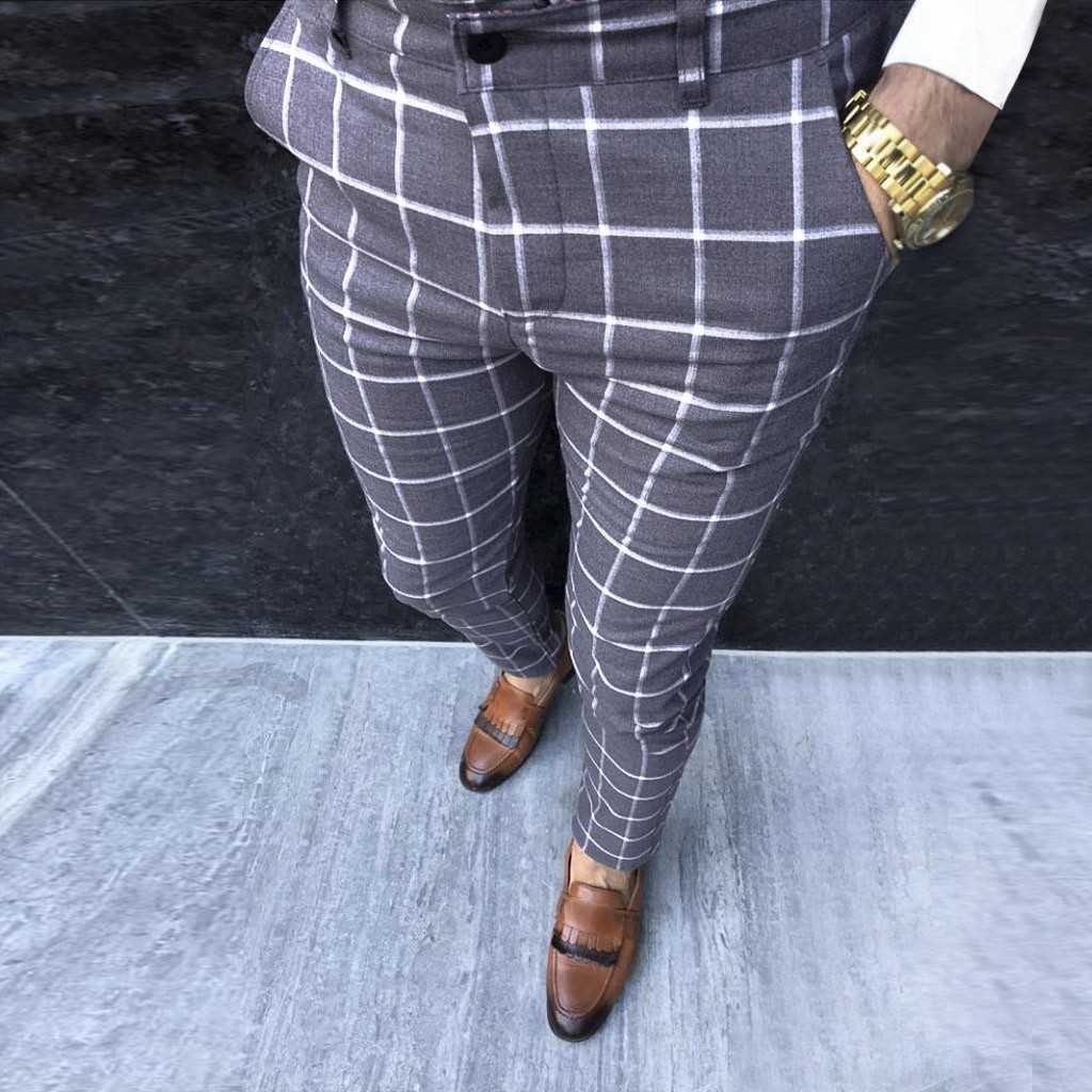 Faion Men Pants Casual Business Slim Fit Plaid Print Zippe - 图1