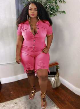 S-5xl women's skinny, ripped denim jumpsuit大码女牛仔连体裤