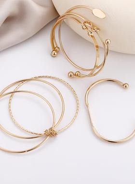 Bracelet 5-piece set跨境饰品时尚几何光面开口打结手镯5件套