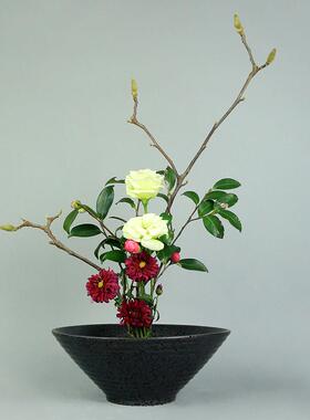 斗笠碗型花器 中华花艺中式池坊插花器皿 日式花道陶瓷螺纹花盘