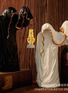 美式跨境幽灵巫师提灯暗黑系神秘黑衣人桌面万圣节创意装饰摆饰