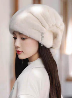 美国进口水貂皮帽子女冬天时尚貂绒保暖妈妈冬季中老年整貂毛护耳