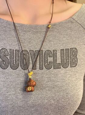 中式马上有钱木质吊坠项链吊坠长复古款毛衣链