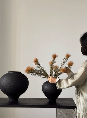 侘寂风复古黑色实木花瓶装饰摆件