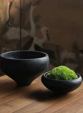 侘寂风黑色实木碳化花盆苔藓盆