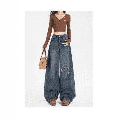 可拆卸屁帘阔腿牛仔裤女2025秋季新款设计感高腰假破洞垂感直筒裤,淘宝优惠券,粉丝福利购,淘宝优惠卷